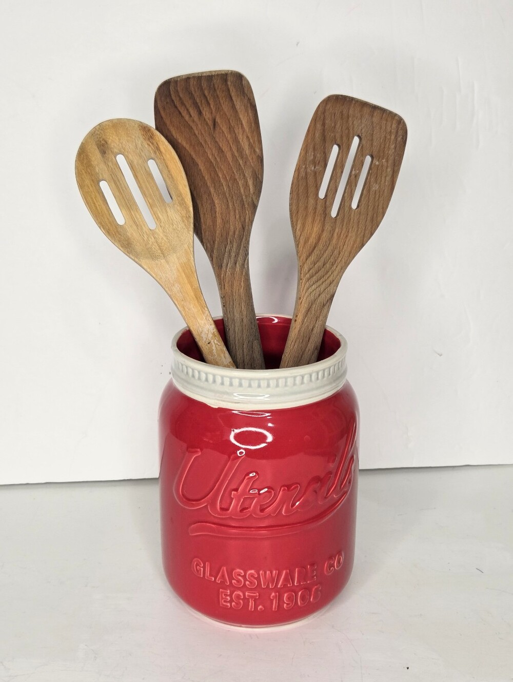 Red Ceramic Mason Jar Crock Utensil Holder Farmhouse Vase‎ Country Decor